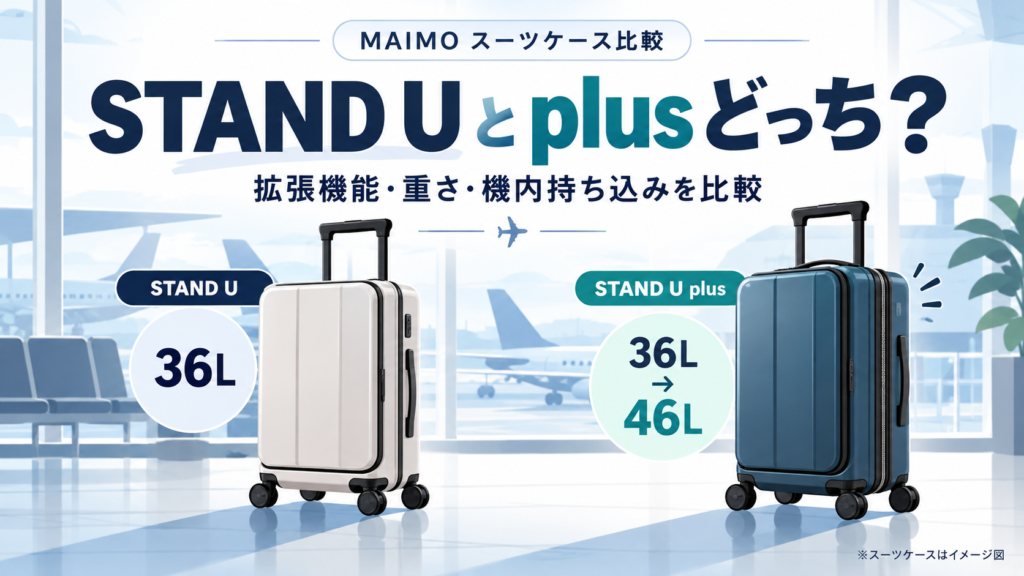 MAIMO STAND UとSTAND U plusの比較イメージ。通常版36Lとplusの拡張時46Lを示したスーツケースのイラスト