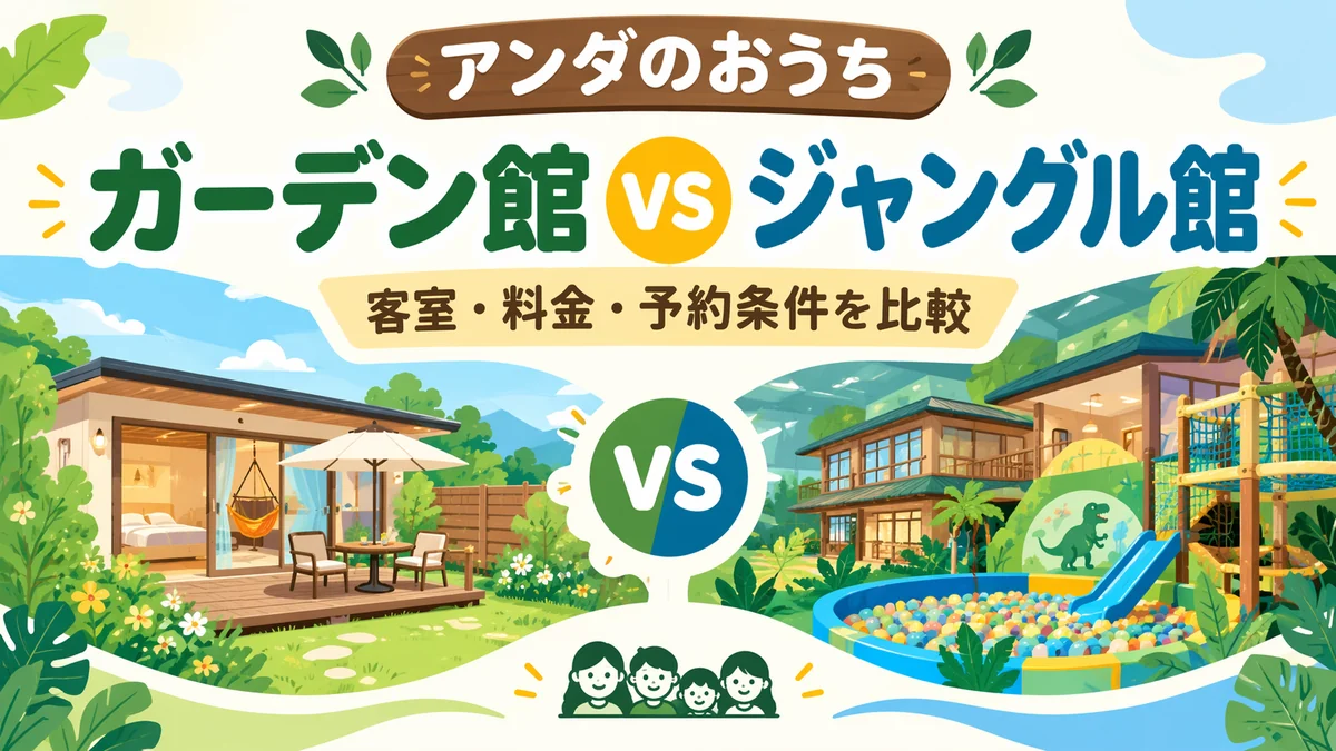 アンダのおうち伊豆高原のガーデン館とジャングル館を比較したイラスト。客室・料金・予約条件の違いを紹介