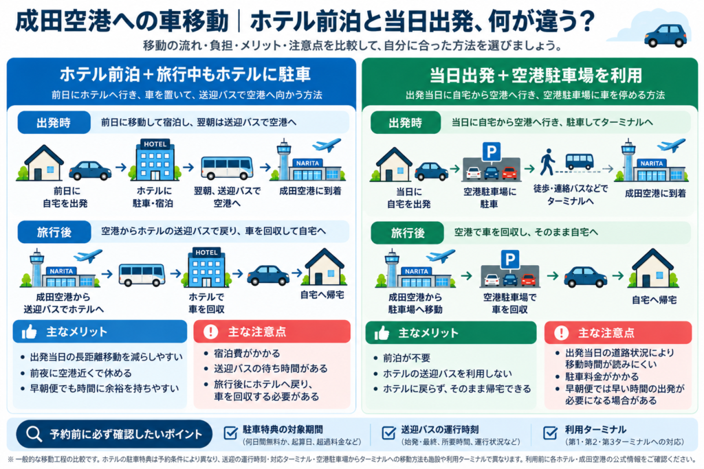 成田空港への車移動について、ホテル前泊と当日出発を比較した図解。前泊時の宿泊・送迎・駐車条件と、当日出発時の空港駐車場利用について、移動の流れ・メリット・注意点を紹介。